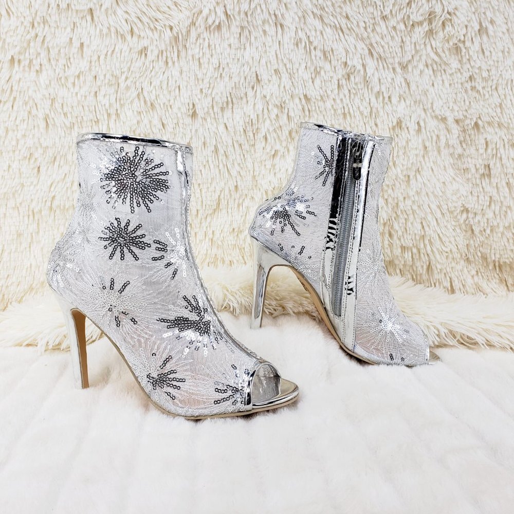 Silver Mesh Starburst Firework Sequin Design High Heel Ankle Boots 7.5 LAST ONE